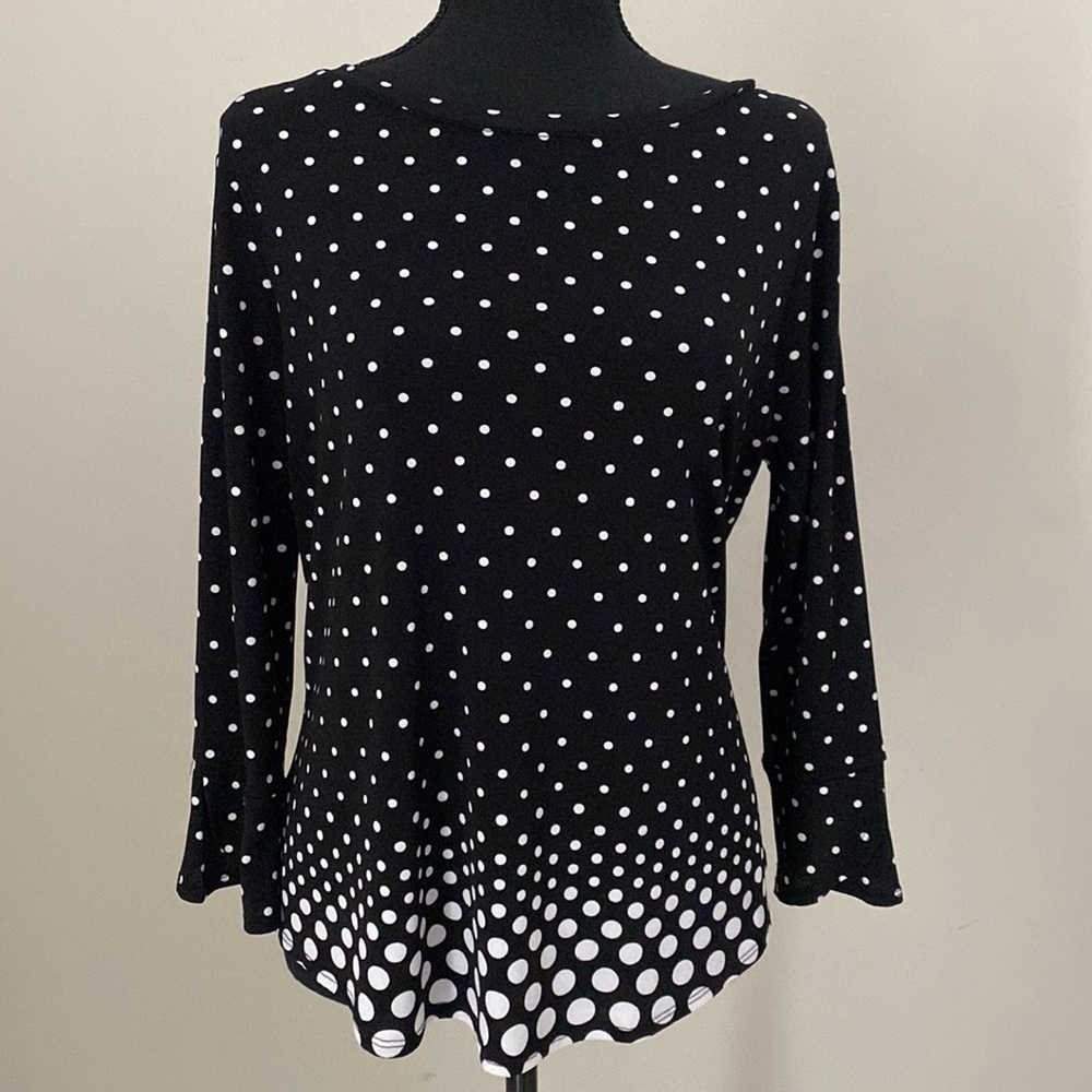 ELLE Womens Black White Ombre Polka Dot Flared 3/4 Sleeve Matte Jersey